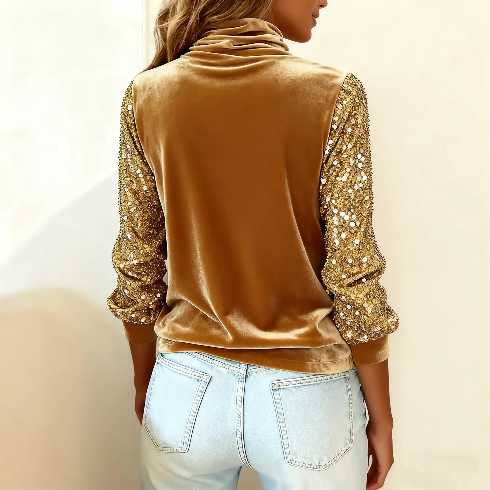 T-Shirt à manches longues et col roulé pour femmes, à la mode et décontracté, à paillettes, Sexy, printemps et automne