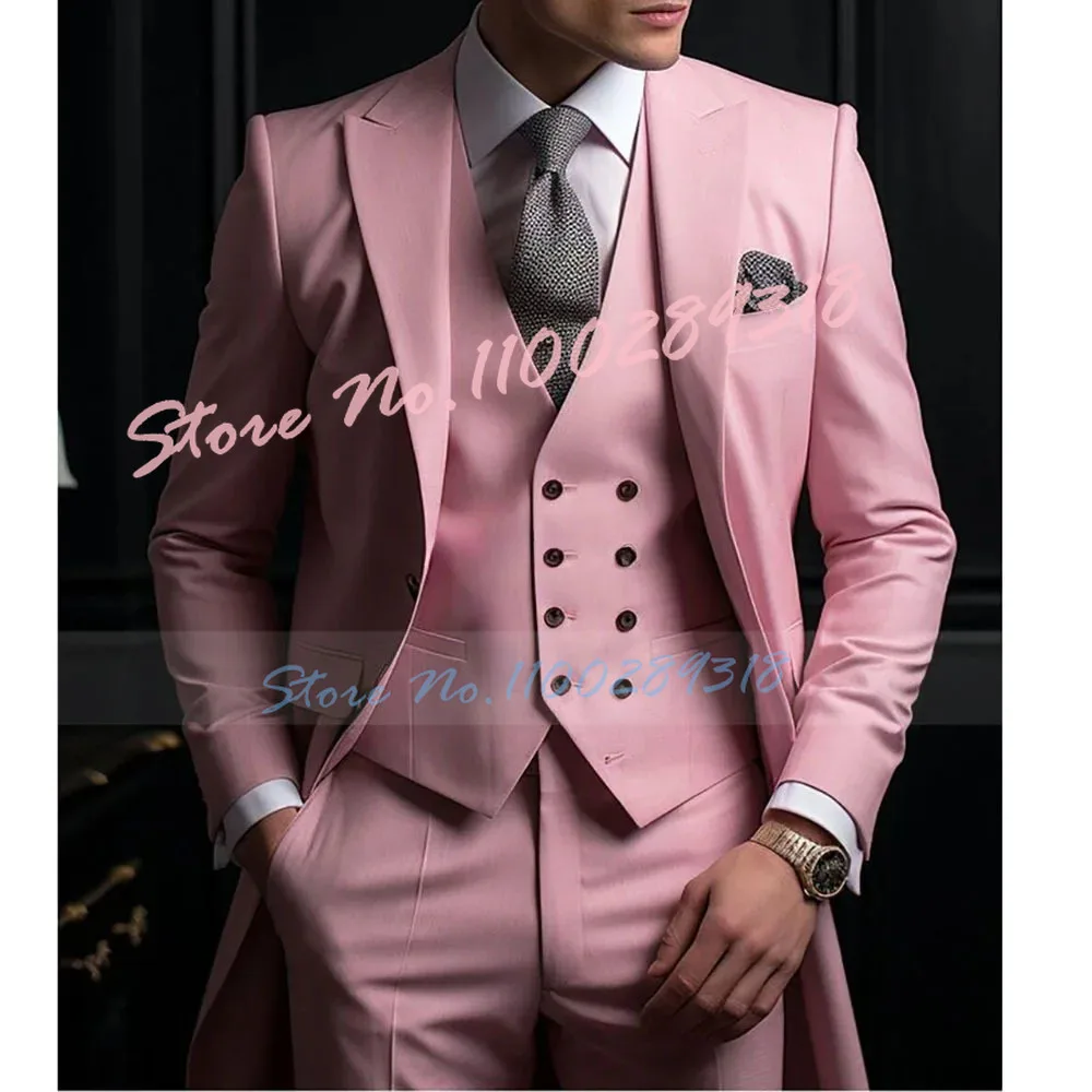 

High Quality Pink Men Suits Single Breasted Peak Lapel Customized Wedding 3 Piece Jacket Pants Vets Full Sets Costume Homme