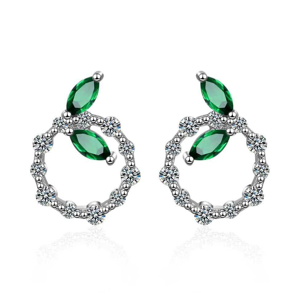 Green Leaves Simulated Nano Emerald 925 Sterling Silver Circle Stud Earring for Women Gemstone Statement Fine Jewelry Brincos