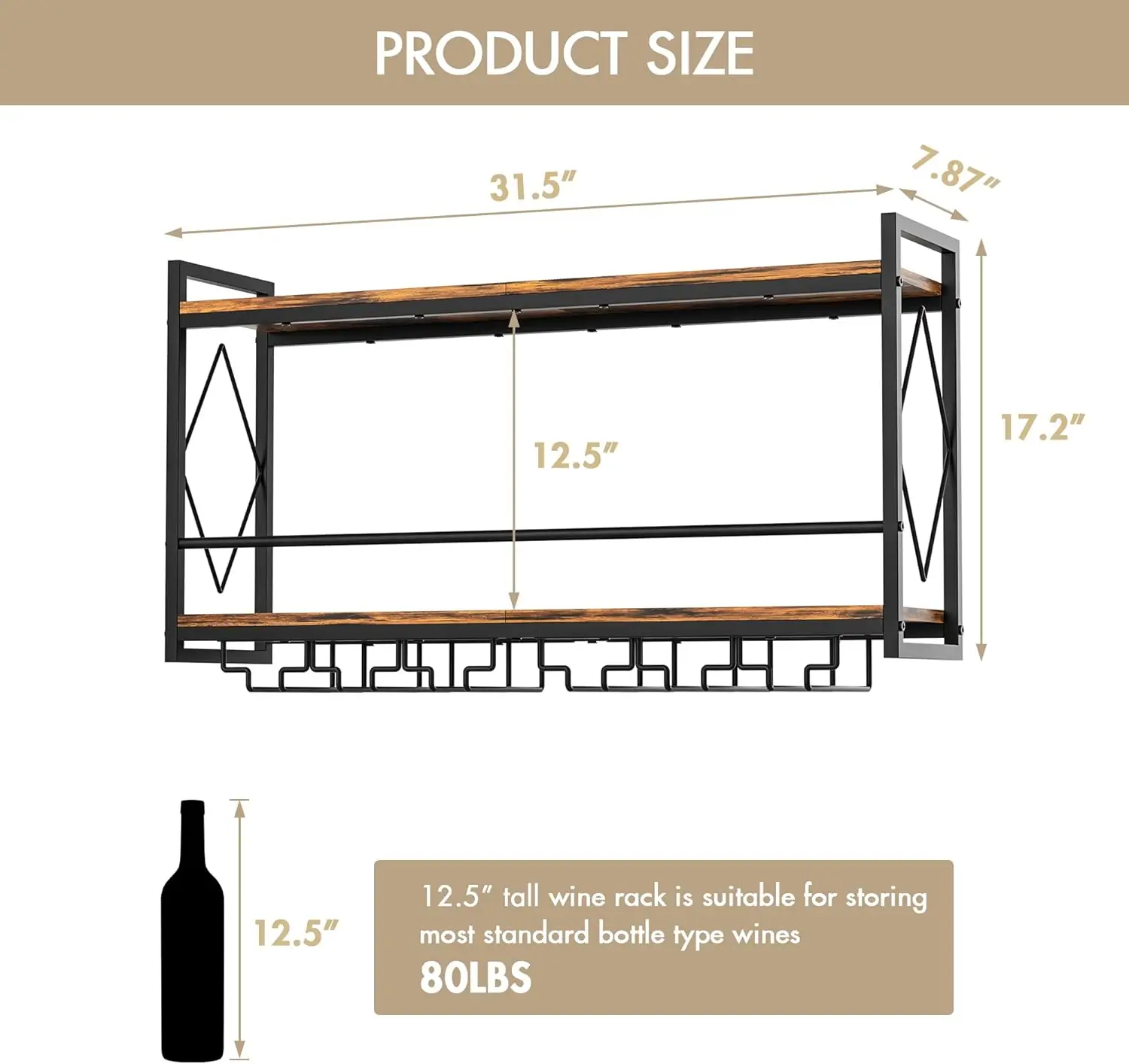 Wall Mounted Wine Rack with LED Light, 31.5" Bar Shelves with Glass Holder, Metal Hanging Storage for Kitchen Home Bar