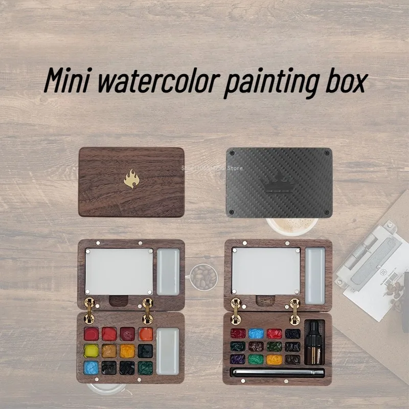 Mini 12 color Solid Wood Watercolor Painting Box Outdoor Sketching Set Portable Notebook Painting Color Mixing Drawing Board