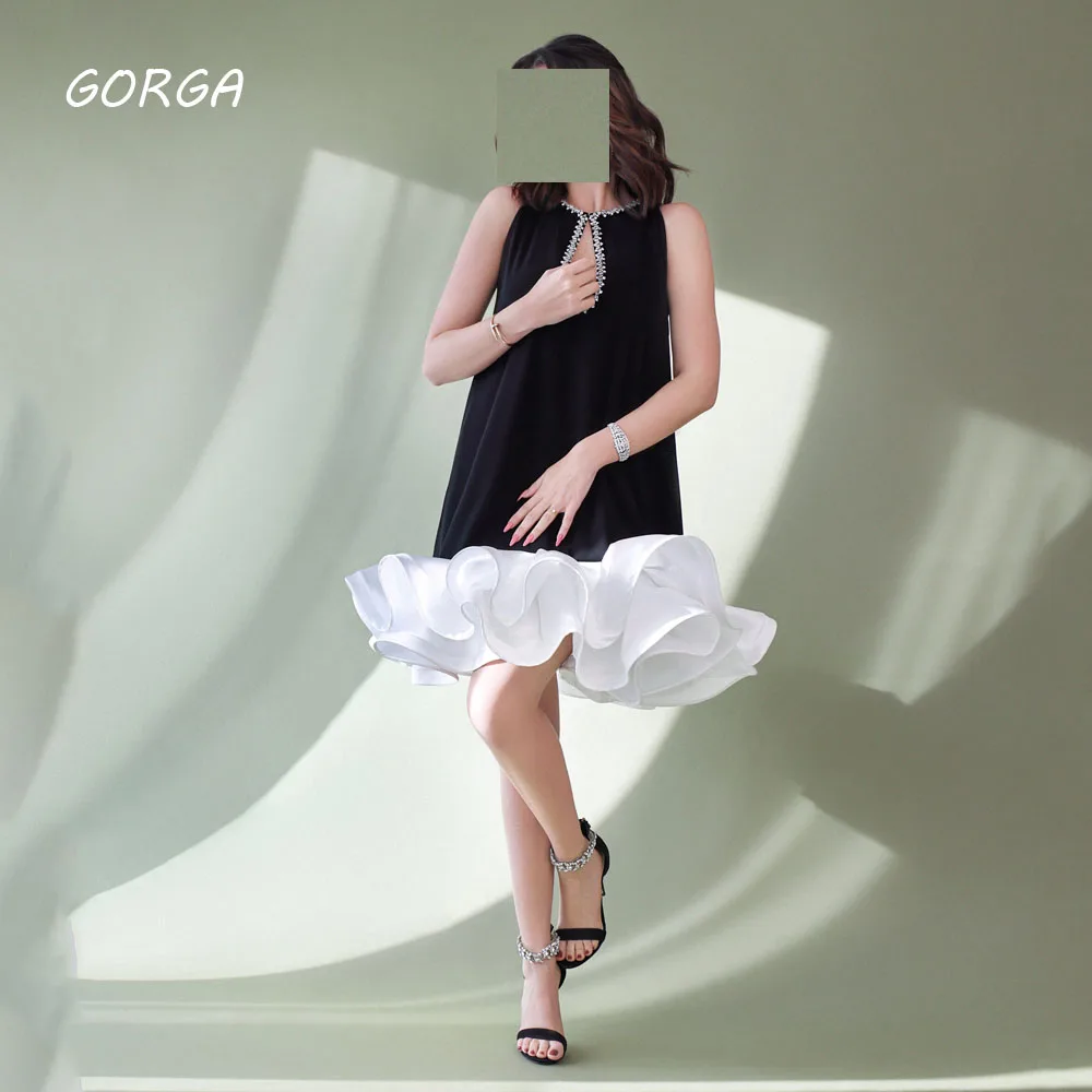 

GORGA Black Beading O-Neck A-LINE 2024 Slim Crepe Sleeveless Ocassion Gown Knee-Length Evening Dress فستان سهرة نسائي