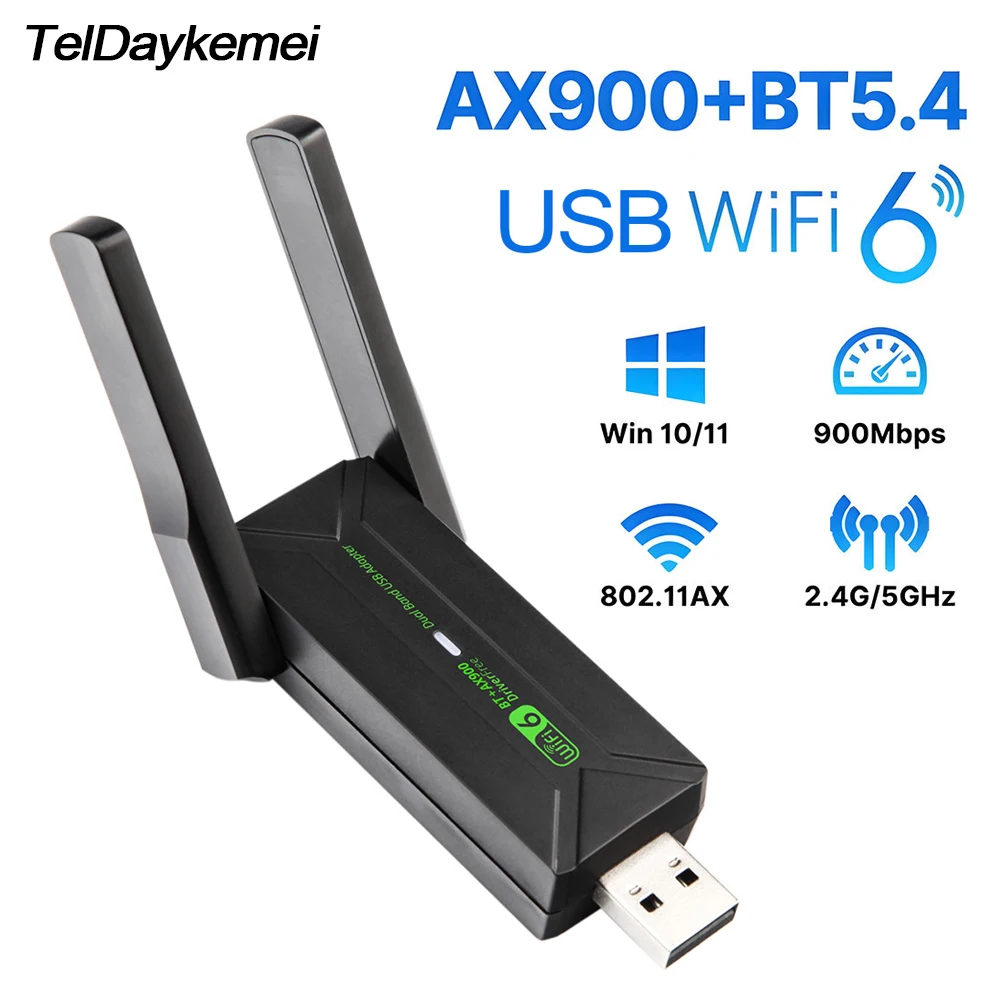 

USB WiFi 6 AX900 Bluetooth 5.4 Adapter 2in1 Dongle 2.4G&5GHz With 2x 5dbi Antenna Network Wireless Receiver For Windows 10/11