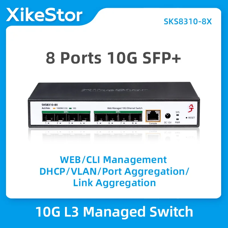 XikeStor 8 Ports 10G SFP+ L3 Managed Switch with Fan Heat Dissipation Support DHCP/VLAN/Port Aggregation/Link Aggregation