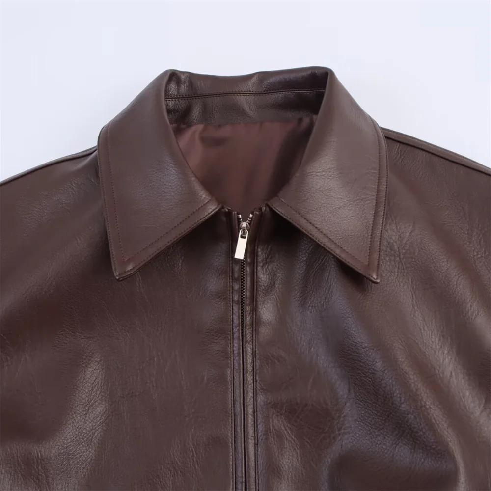 women's new style temperament versatile faux leather pilot collar jacket solid color casual long sleeved jacket jacket