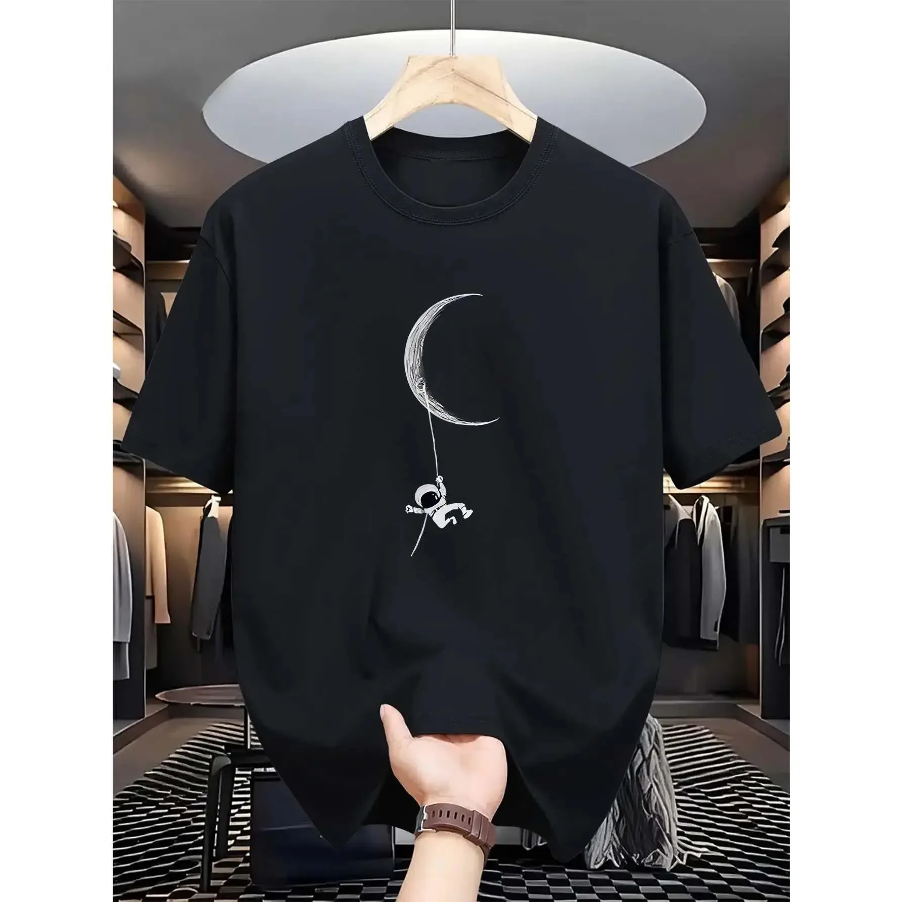 Fashion TrendsMen's Astronaut  Moon Pattern T-Shirt - Casual Summer Crew Neck Short Sleeve Shirt Soft Polyester Blend Machine Washable Comfortable Fit