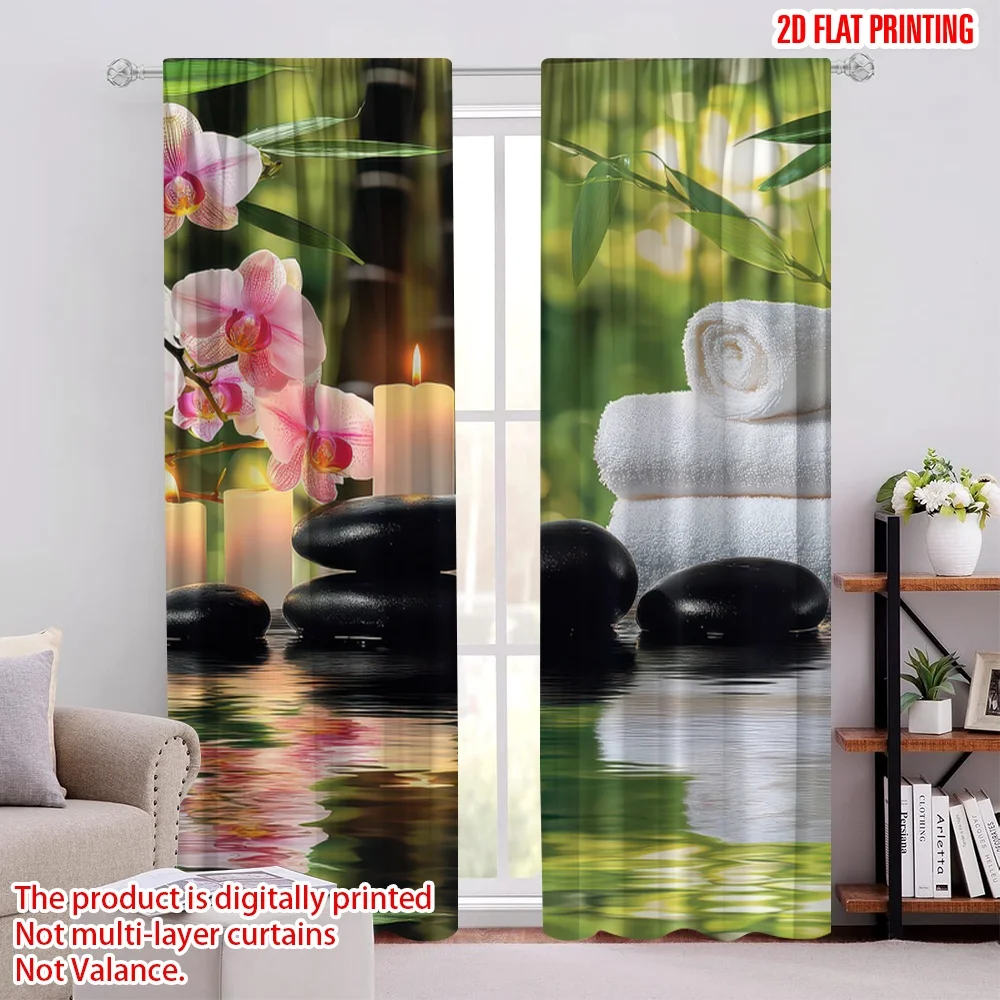 

2Pcs Spa Curtains Massage Theme Candles Orchids And Stones In Garden Japanese Oriental Suitable For Living Room Bedroom Kitchen