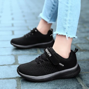 เด็ก Lace-Up Hook & Loop กีฬาวิ่งเด็ก Breathable รองเท้าใส่เดินตาข่ายรองเท้าผ้าใบสีดำรองเท้าสำหรับฤดูใบไม้ผลิ28-39ขนาด