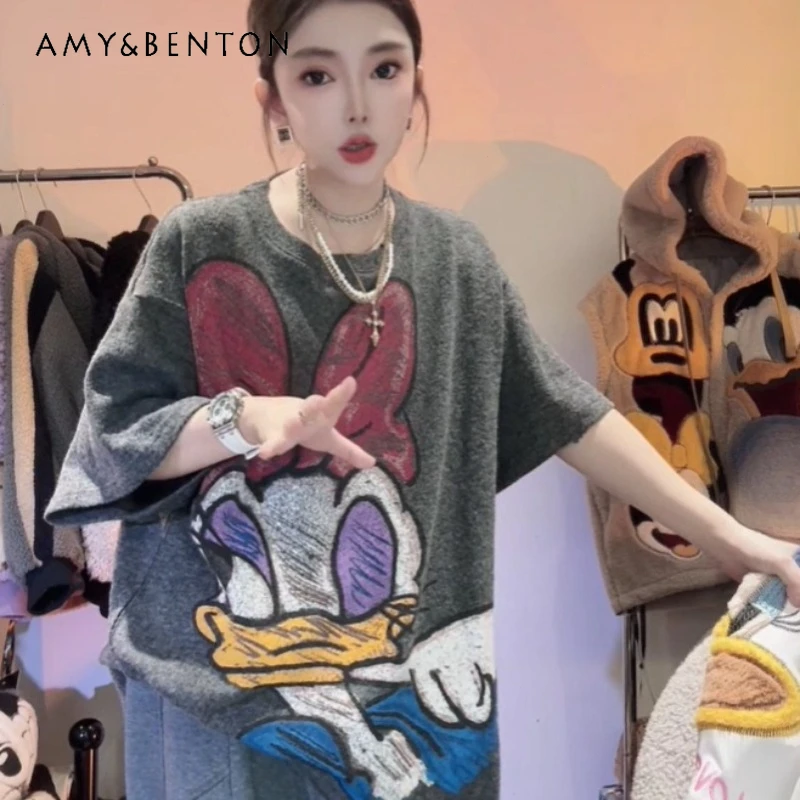 

2026 Summer New Y2k Cartoon Print Short Sleeved T-shirt For Women's Loose Round Neck Heavy Industry Wool Knit Design Tshirts