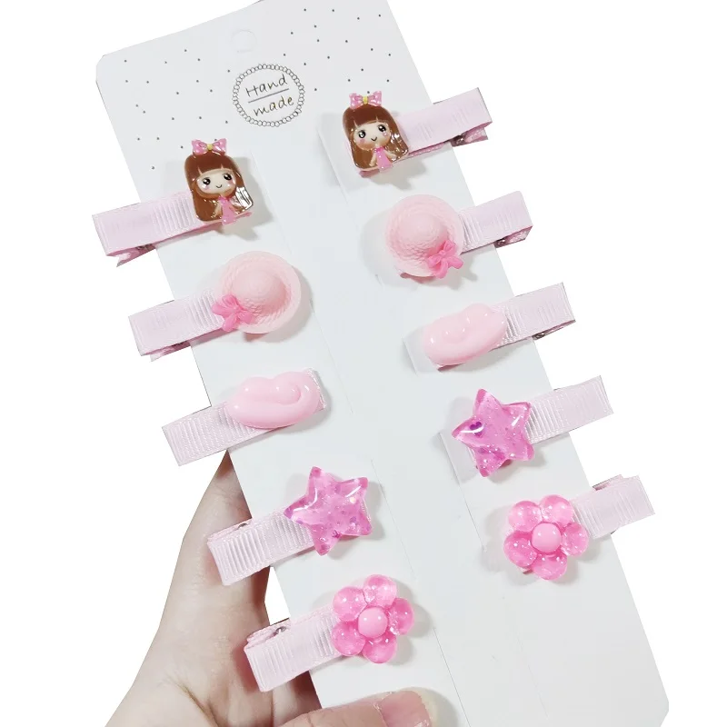 10 pçs/set bonito crianças menina hairpin adorável dos desenhos animados chapéu floral asa estrela grampo de cabelo para bebê menina bang lado clipe acessórios do bebê