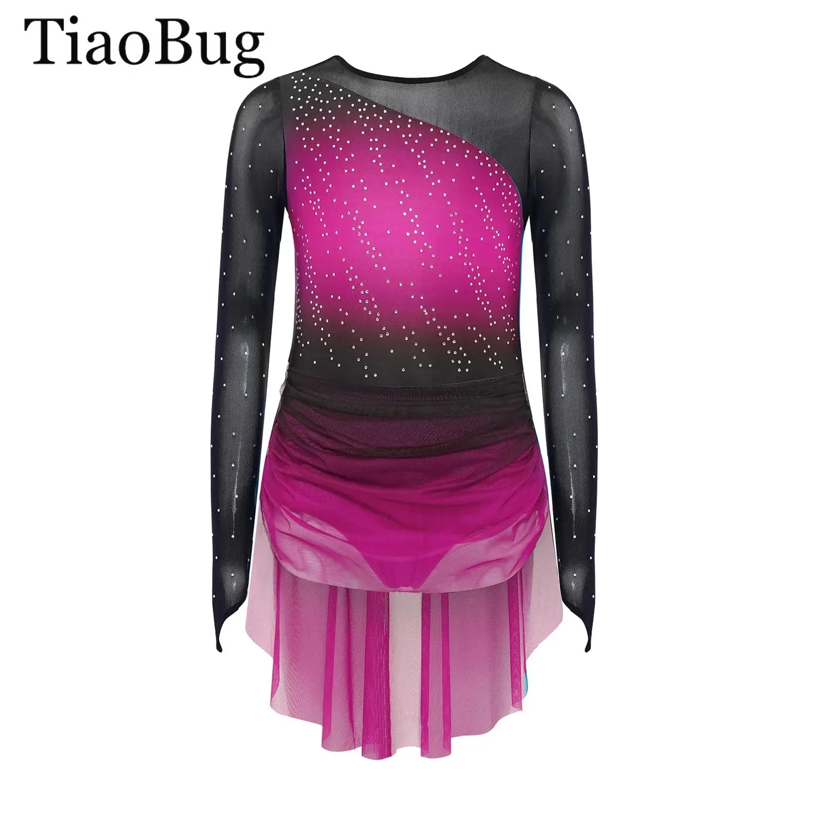 

Girls Lyrical Dance Dress Figure Skating Leotard Dress Long Sleeves Sheer Mesh Patchwork Rhinestones Gradient Gymnastics Costume