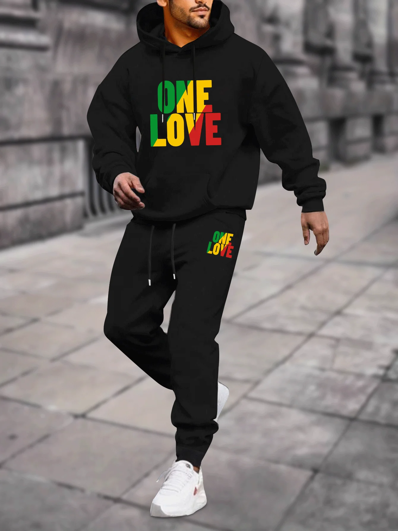 Jogger Sweatpants Men - メンズ2ピースセットアップ プリントフーディースウェットシャツ+ジョガーパンツセット カジュアルトラックスーツ 長袖フード付きスウェットパンツ スポーツウェア 男性用セット