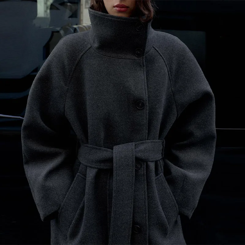 معطف صوفي طويل أنيق للنساء أنيق غير رسمي بياقة واقفة ورباط علوي معطف عالي الجودة 2025 ملابس خارجية للشتاء للتنقل اليومي