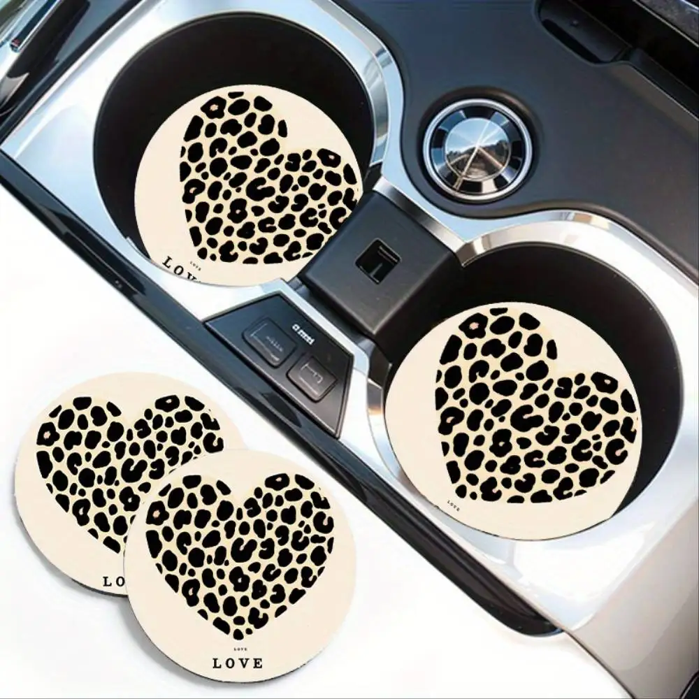Leopard Print Heart Car Cup Holder Coasters Universal Non-Slip Vehicle Beverage Mats