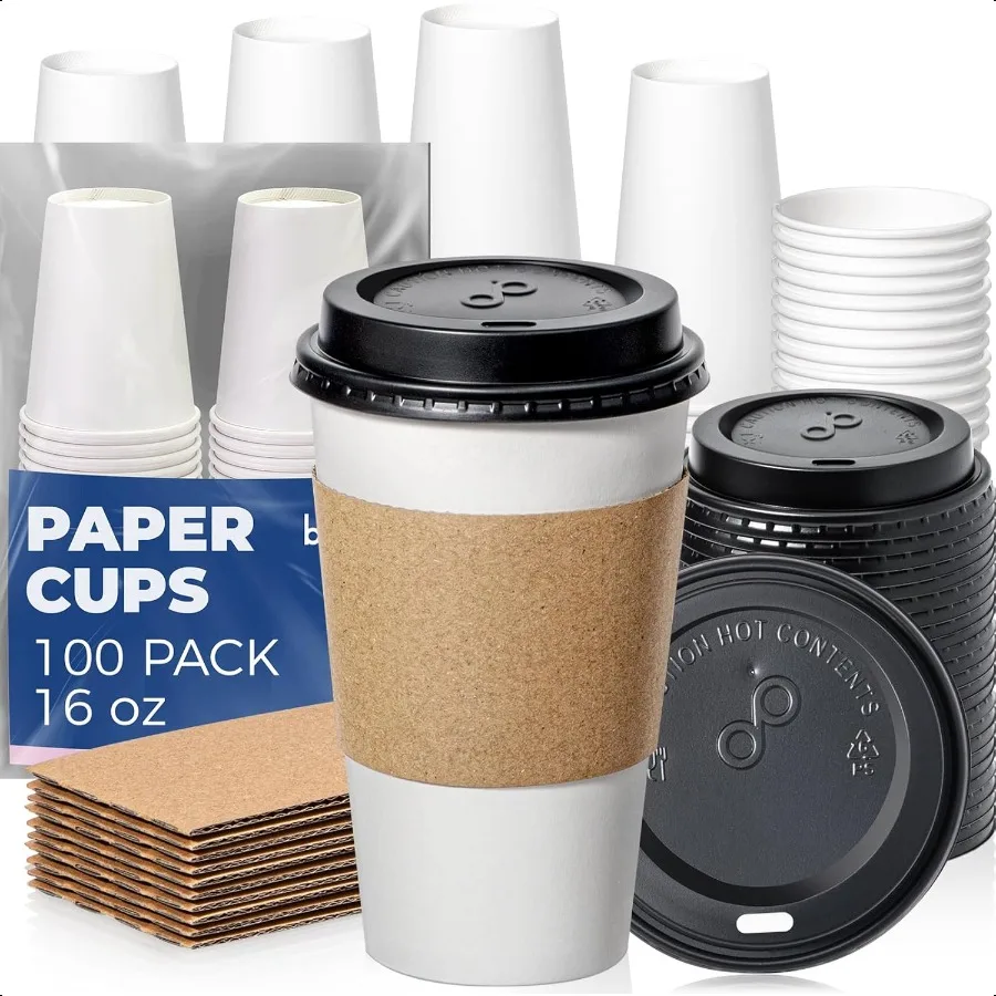 

100 Pack 16 oz Coffee Cups with Lids Sleeves LeakProof To Go Coffee Cups with Lids Durable Paper Cups for Hot Beverage Home Of