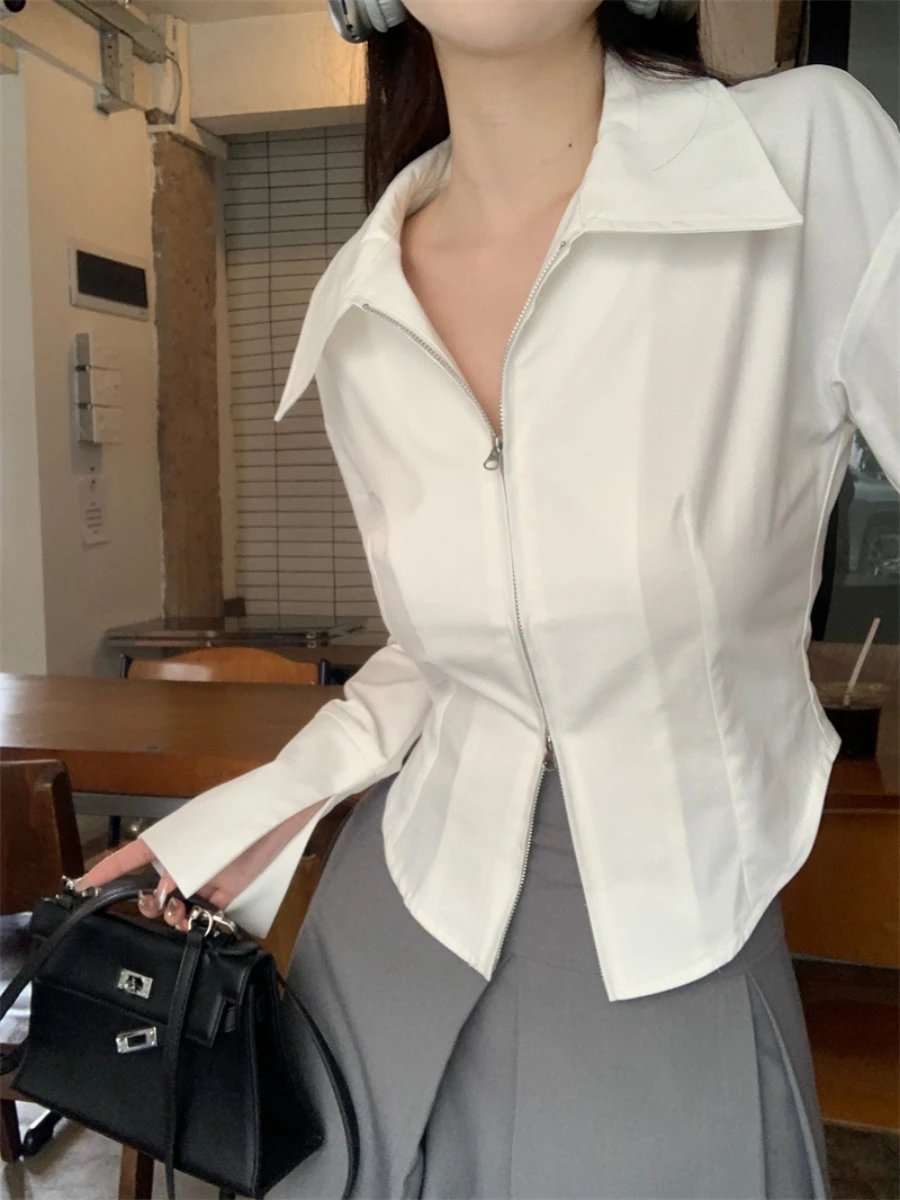 

White Asymmetric Double Zipper Waist-Cinching Shirt Women's Long Sleeve Spring Autumn Neck Short Style Fitted Shirt