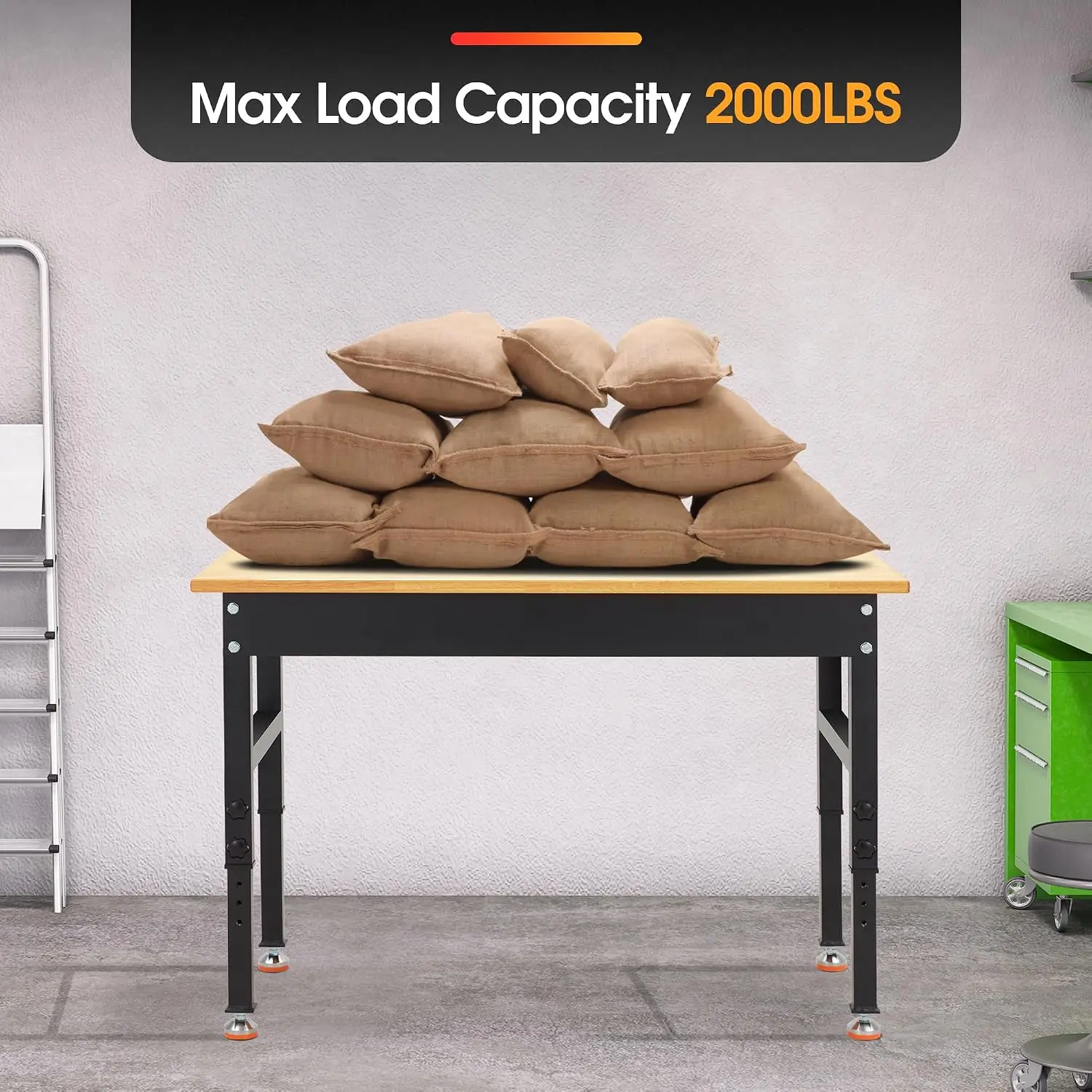 48 * 20'' Adjustable Workbench, Heavy Duty Workstation | Garage Workbench, 2000 LBS Load Capacity, Rubber Wood Top Worktable for