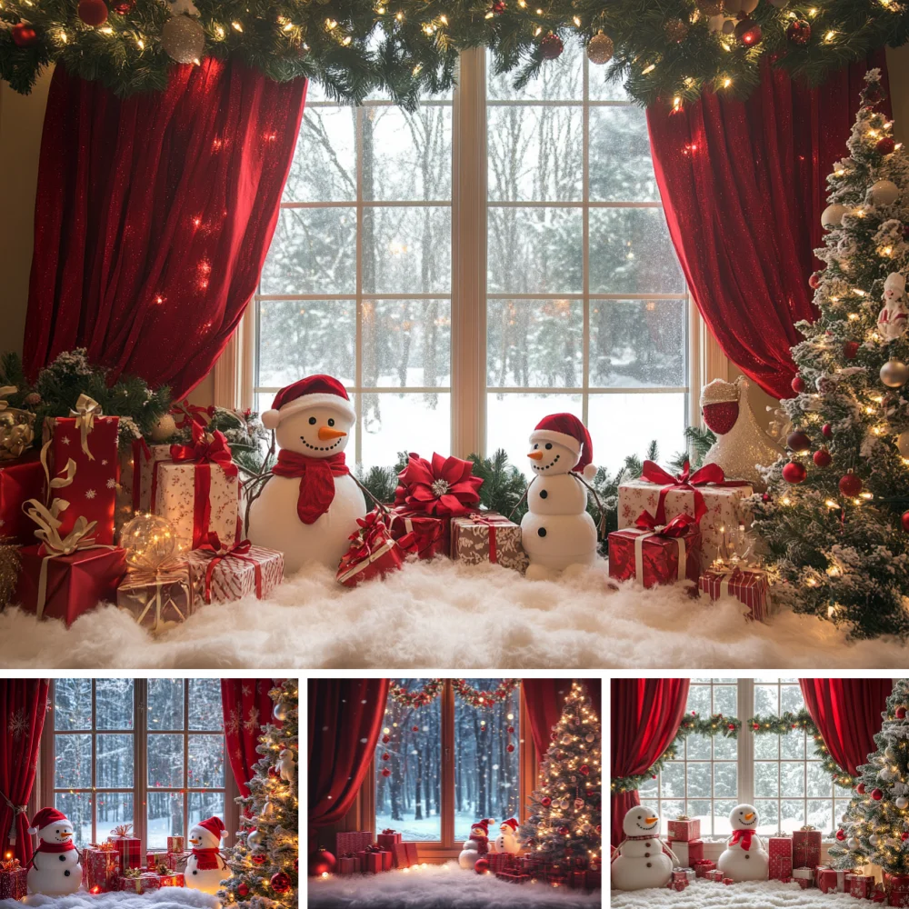 Cozy Snow Scene Christmas Backdrop Red Curtain Snowman Pine Garland Gift Tree Indoor Family Newborn Photo Fabric Decor Prop