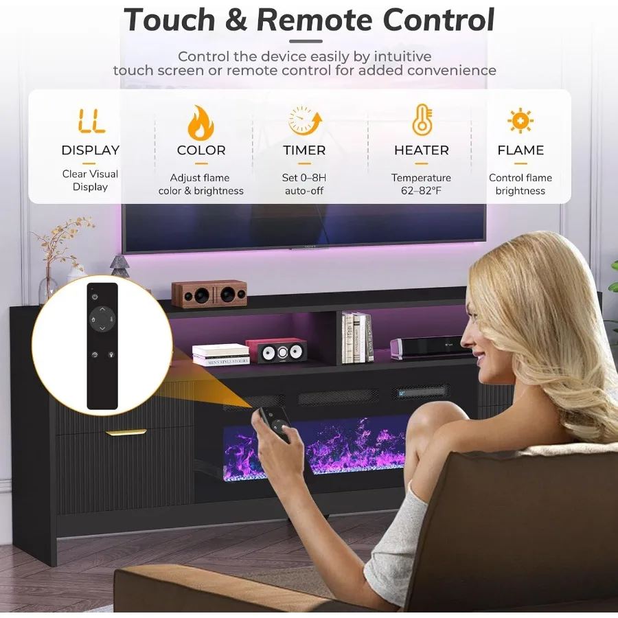 Suporte de TV com 70 lareiras com 36 lareiras elétricas em preto Armário de console de TV moderno com luzes LED para sala de estar Entrada de mídia