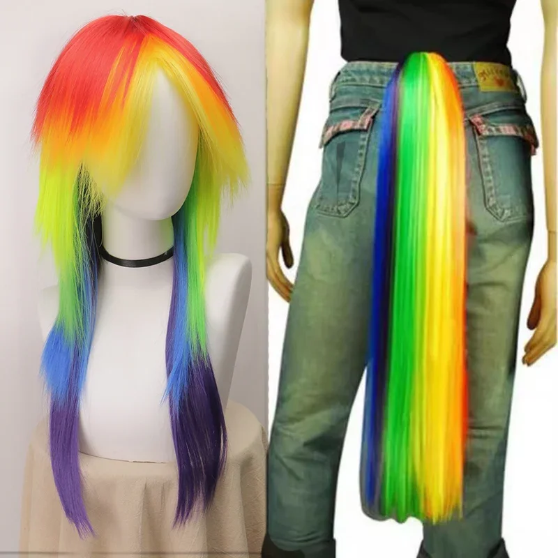 

FC6Rainbow Color Long Wig Synthetic Wig Costume Wig For Halloween Party Harajuku Style Cosplay Wig@FC8！