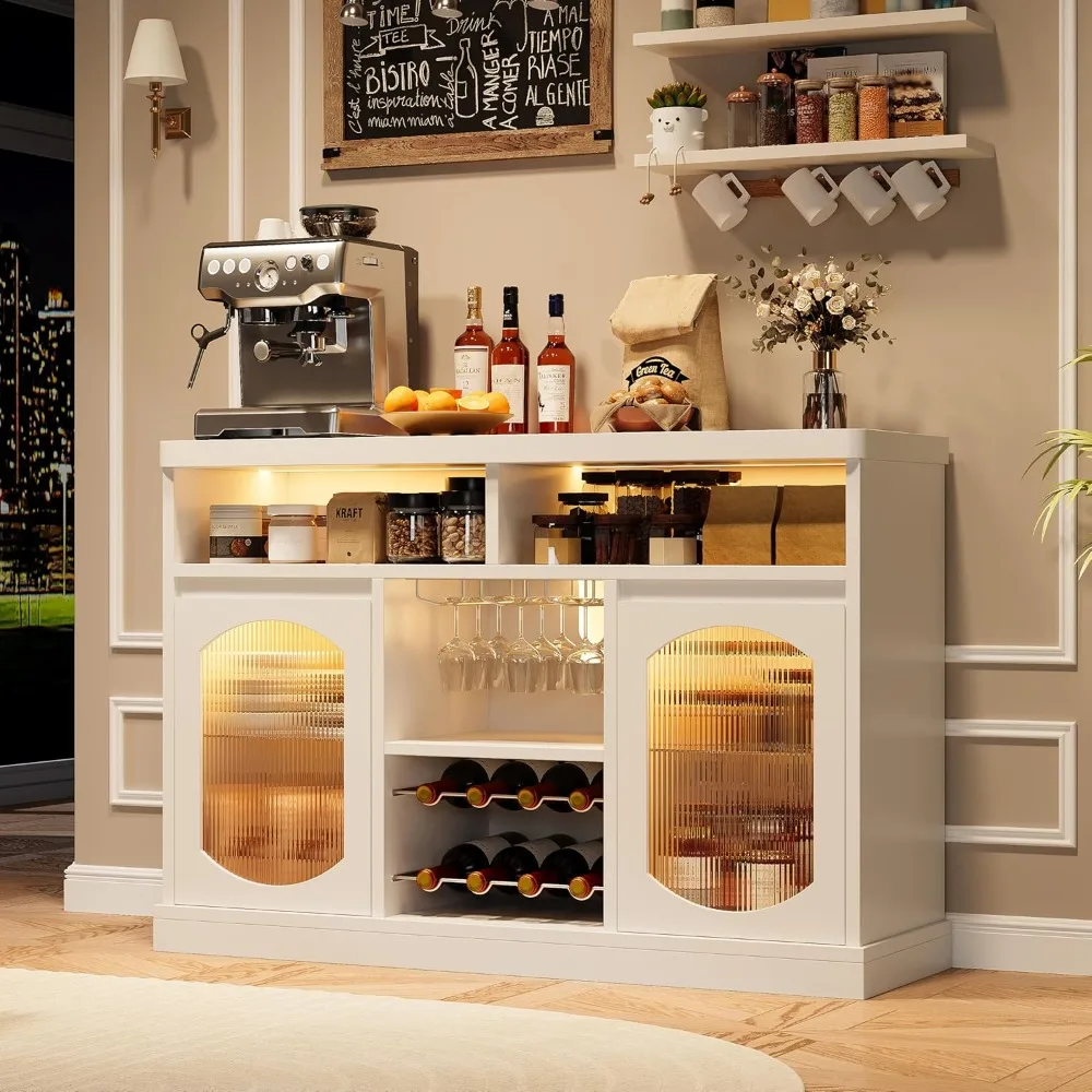 Modern Coffee Cabinet with Led Lights & 2 Glass Doors, Adjustable Shelves, Wine Cabinet with Wine Racks, Coffee Bar Cabinet