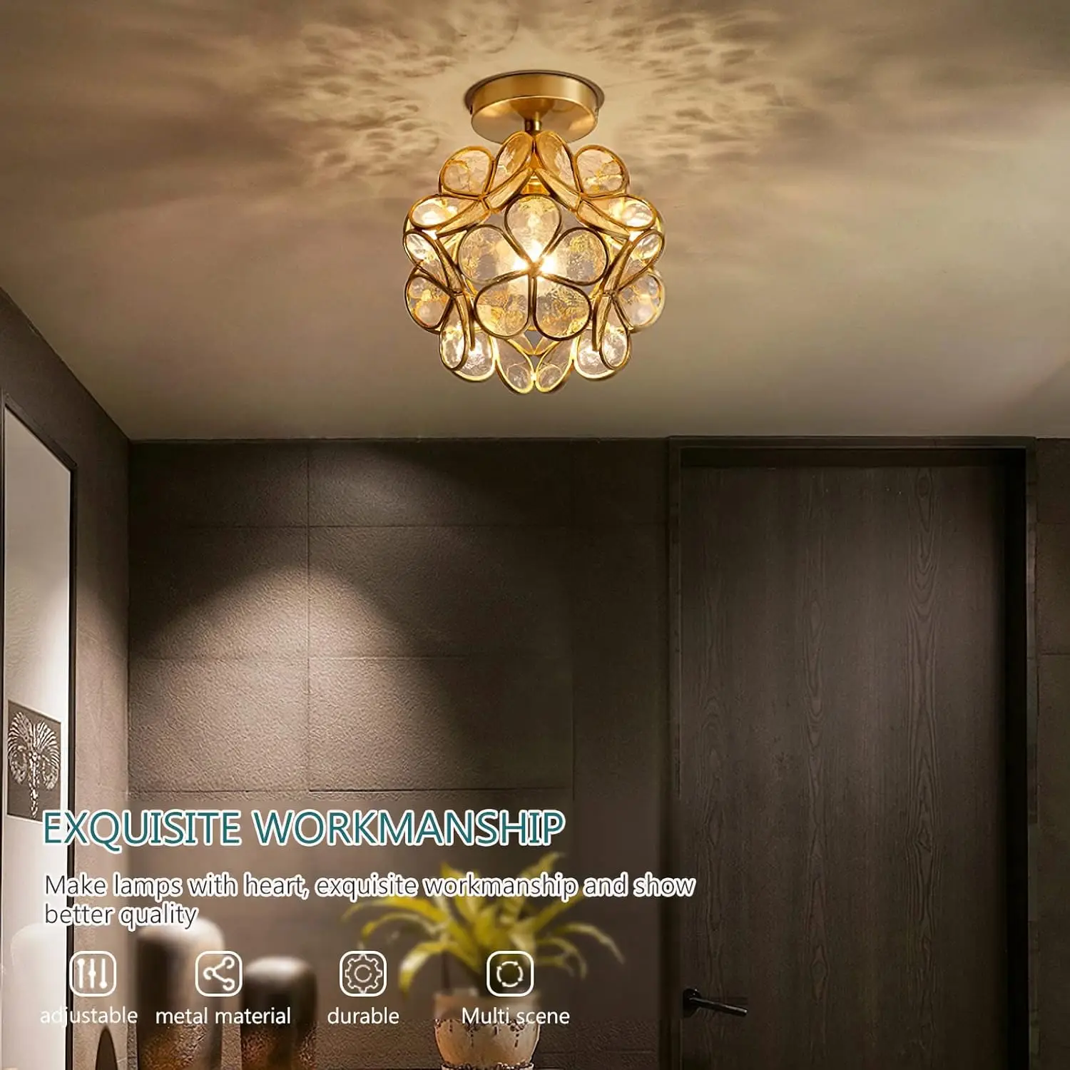 Gold Flower Shape Ceiling Lamp Modern Crystal Chandelier Farmhouse Petal shape with Water textured glass lampshade Close