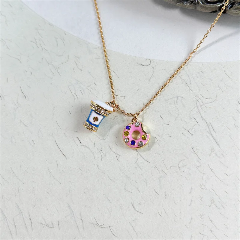 K New Sweet Fashion Colorful Enamel AB Asymmetrical Ice Cream Cone & Donut Fun Necklace for Women,Fashion Jewelry