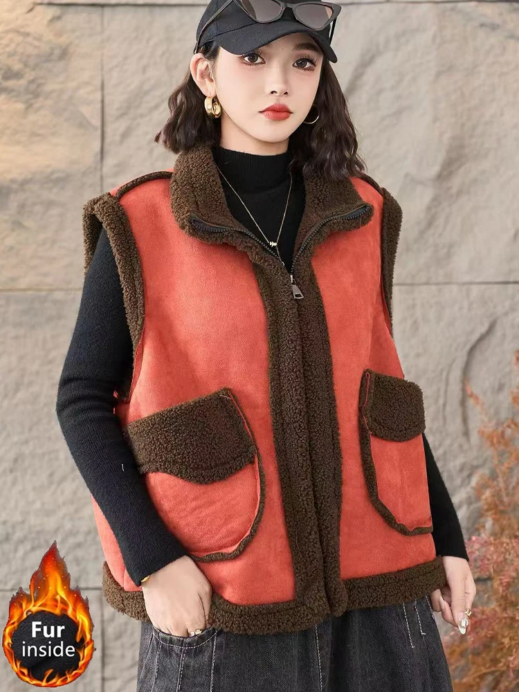 Amax LuluE 韓国製 冬用ベスト レディースファッション 暖かいファー スエード ノースリーブコート 2025 レディース クラシック ルーズ カジュアル ヴィンテージ ベスト