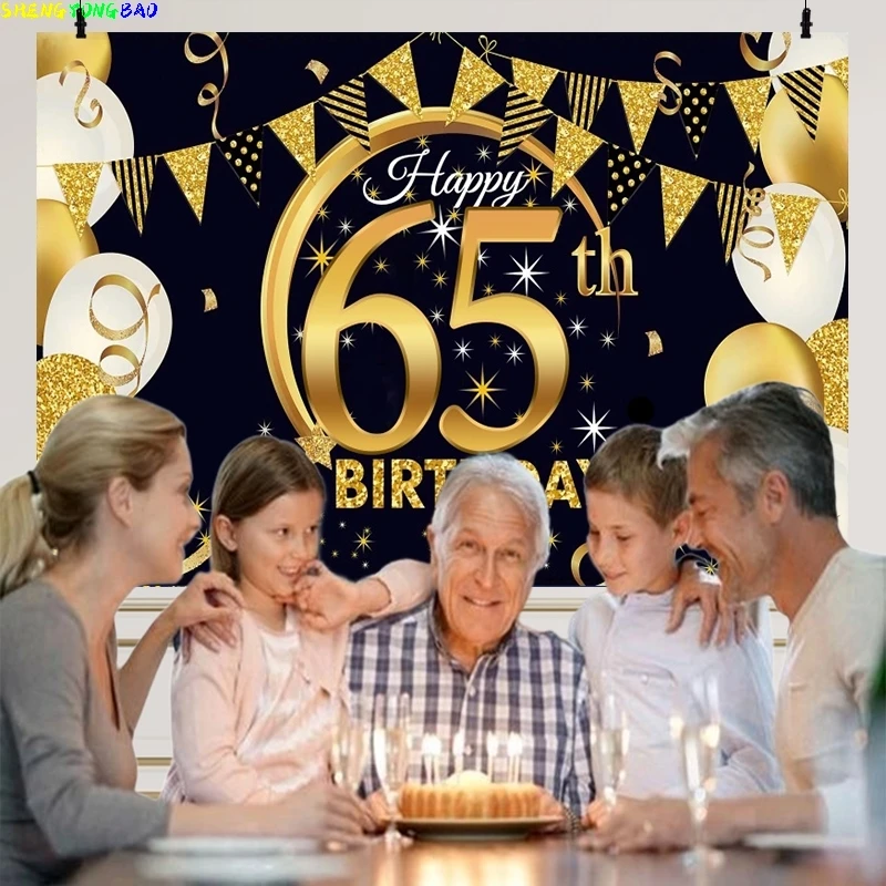 

Happy 65th Birthday Photography Backdrops Man Women Sixty-Five Party Anniversary Glitter Balloons Photo Studio Background LW-01