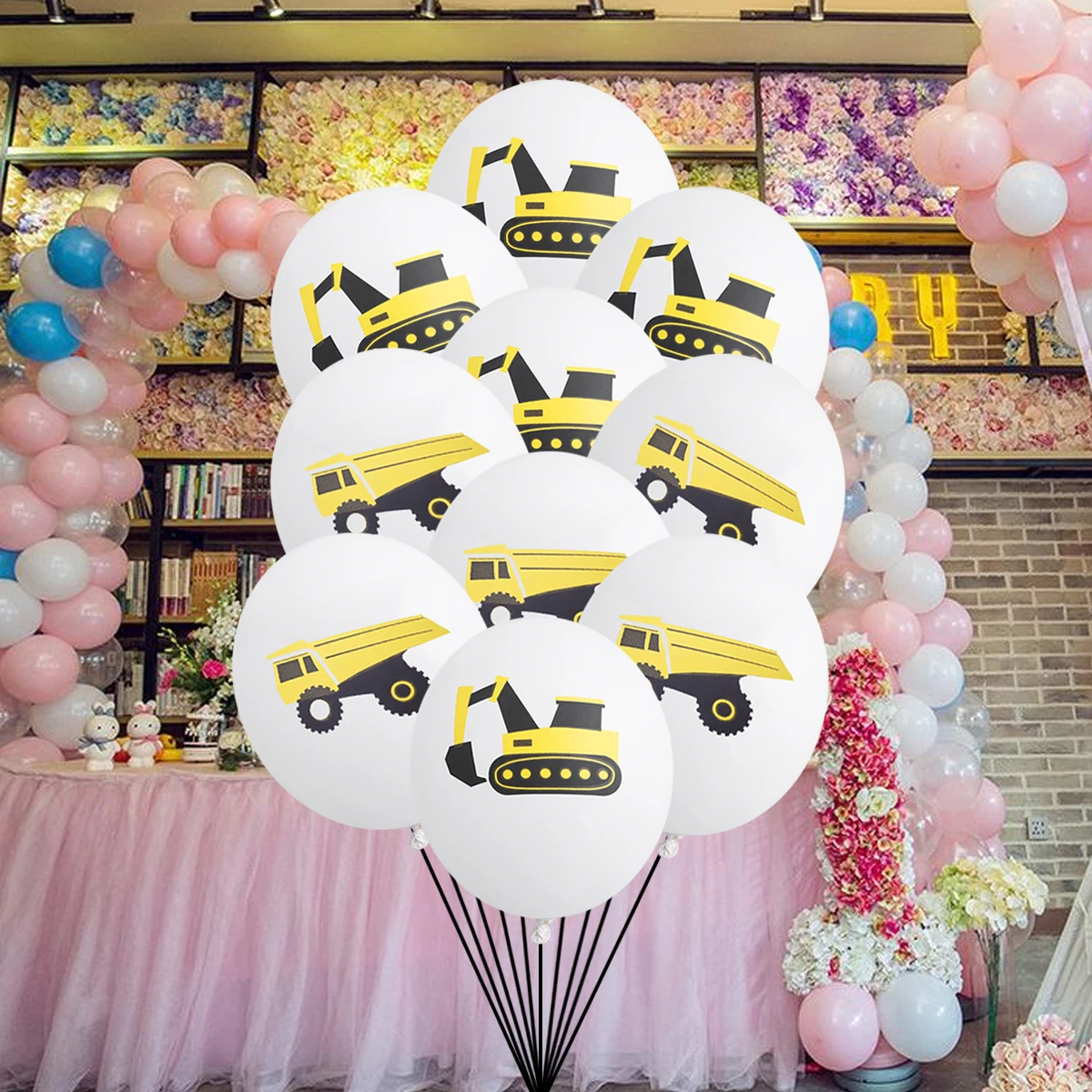 

10 pcs 12 Inch Digger Printed Latex White Party Decorations For Kids Birthday Baby Shower Classroom Graduation Balloons Set