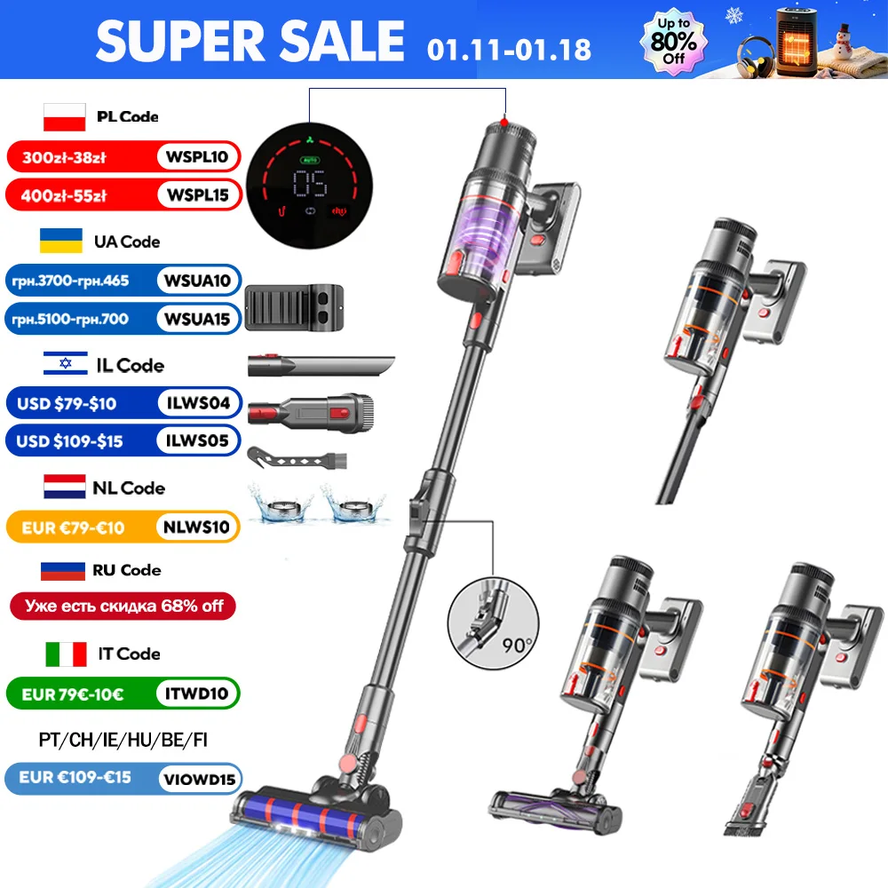 S16 Aspirapolvere portatile 45kPa 500W Potente 6 in 1 Aspirapolvere a batteria verticale LCD Display intelligente, 55 minuti di tempo di lavoro, 90° pieghevole, luce del rilevamento della polvere LED,