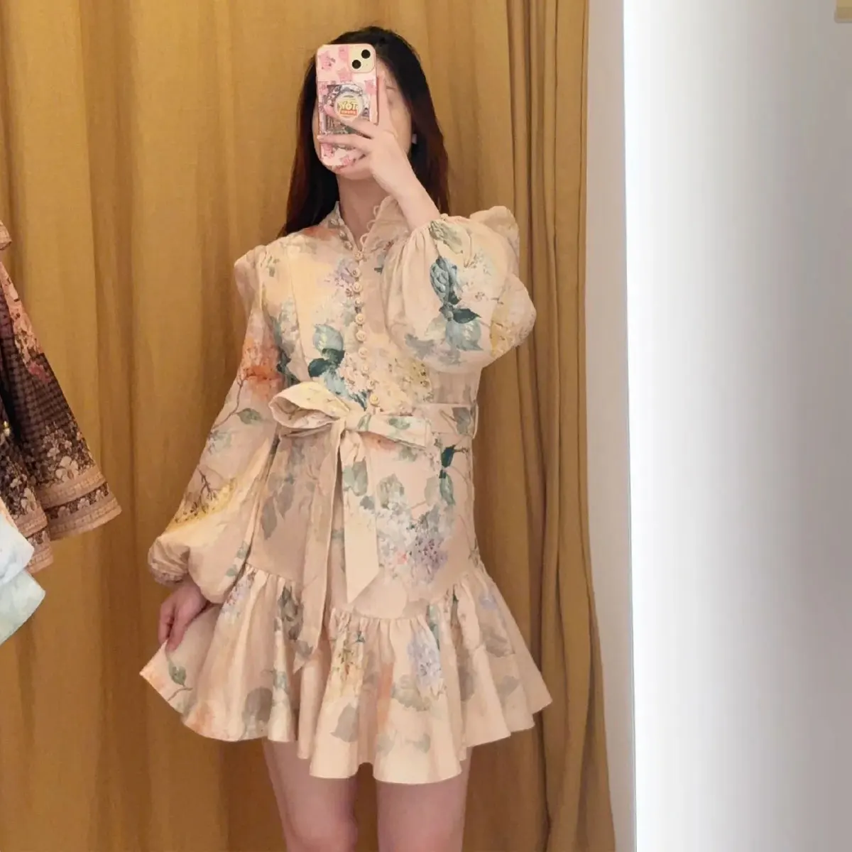 Pink Peach Print Slim Fit Lantern Sve Heavy Work Design Sense Metal Bule Lace Dr Sa ket High Waist Midi Dr