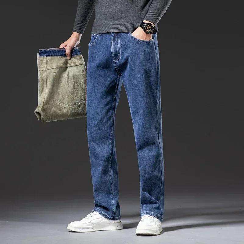 Plus Size 44 46 Winter Thermal Warm Flannel Stretch Jeans Mens Brand Fleece Pants Men Straight Flocking Thick Trousers Male