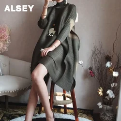 ALSEY Miyake Pleated Women's Dress High Neck Elegant Solid Color Aesthetic Designer Aesthetic Elegant Party Dress 2024All Season