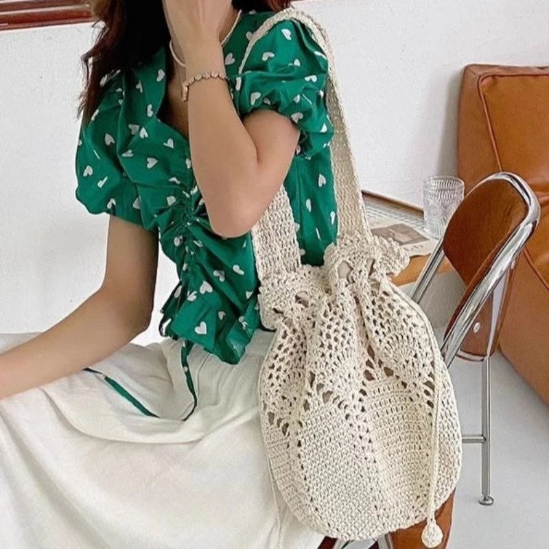 Beige Khaki Cottage Core Hollow Out Crochet Flower Bucket Bag Cotton Woven Drawstring Shoulder Handbag Summer Beach for Girls