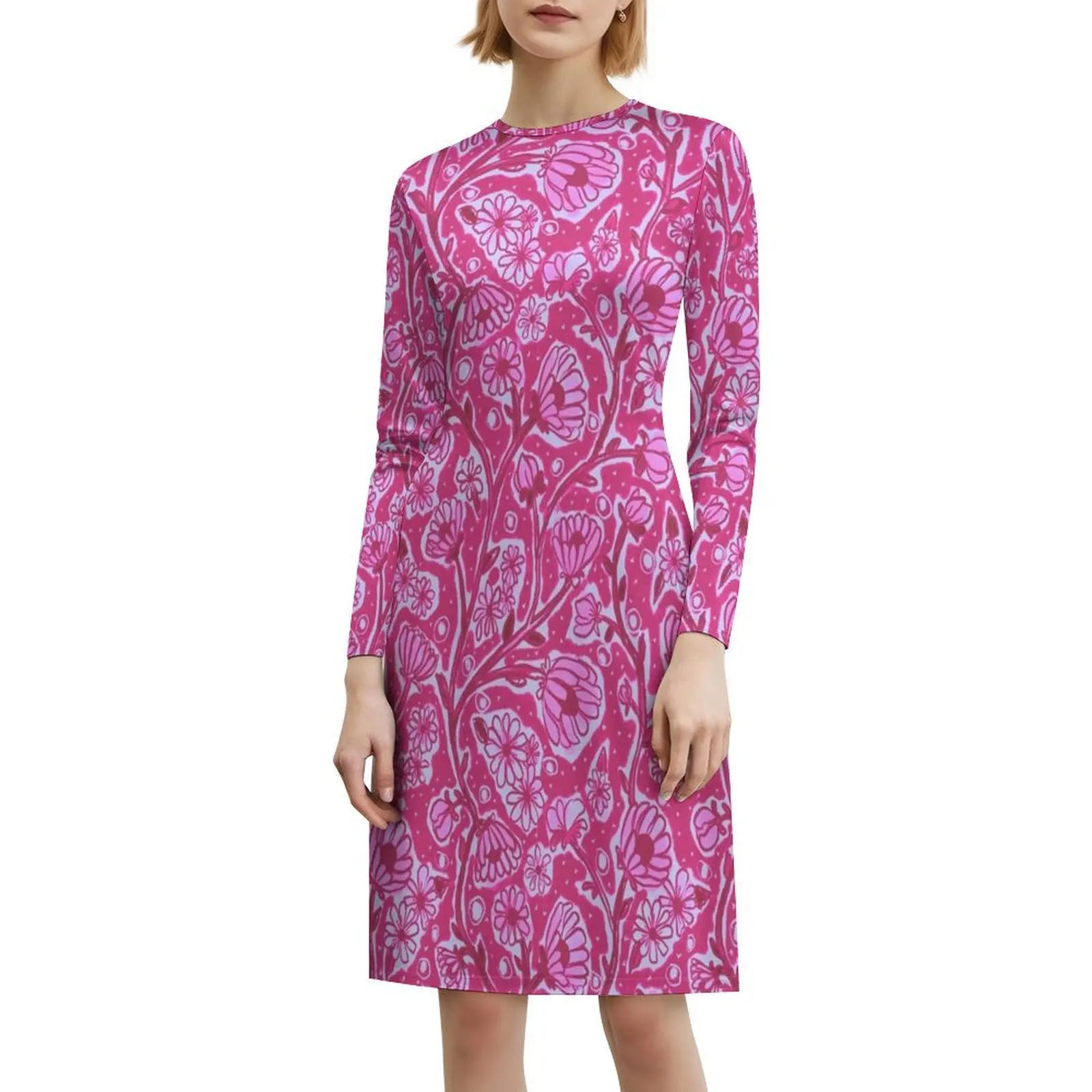 Fleurs de crayon de printemps dessinées à la main |   Robe décontractée de Style coréen rose sur rose pour femmes, robes de bureau simples au quotidien, Crayon