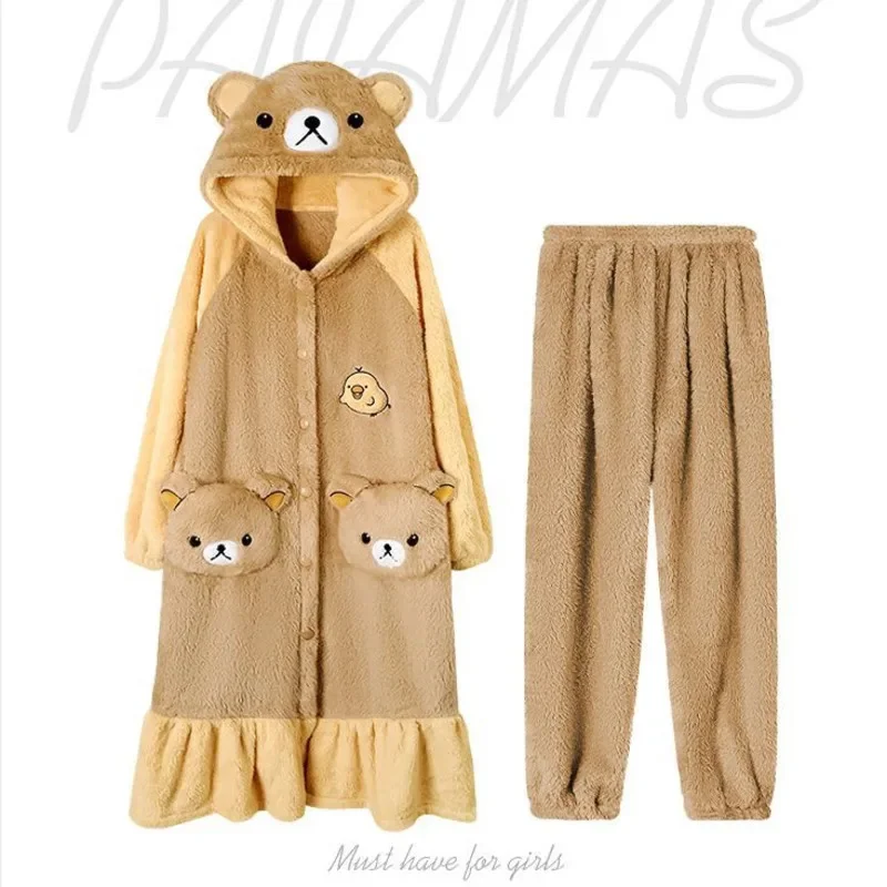 Rilakkuma Pajama Pants Set Japan Embroidery Y2k Coral Fleece Hooded Women Winter Thick Velvet Kawaii Couple Home Outfit New