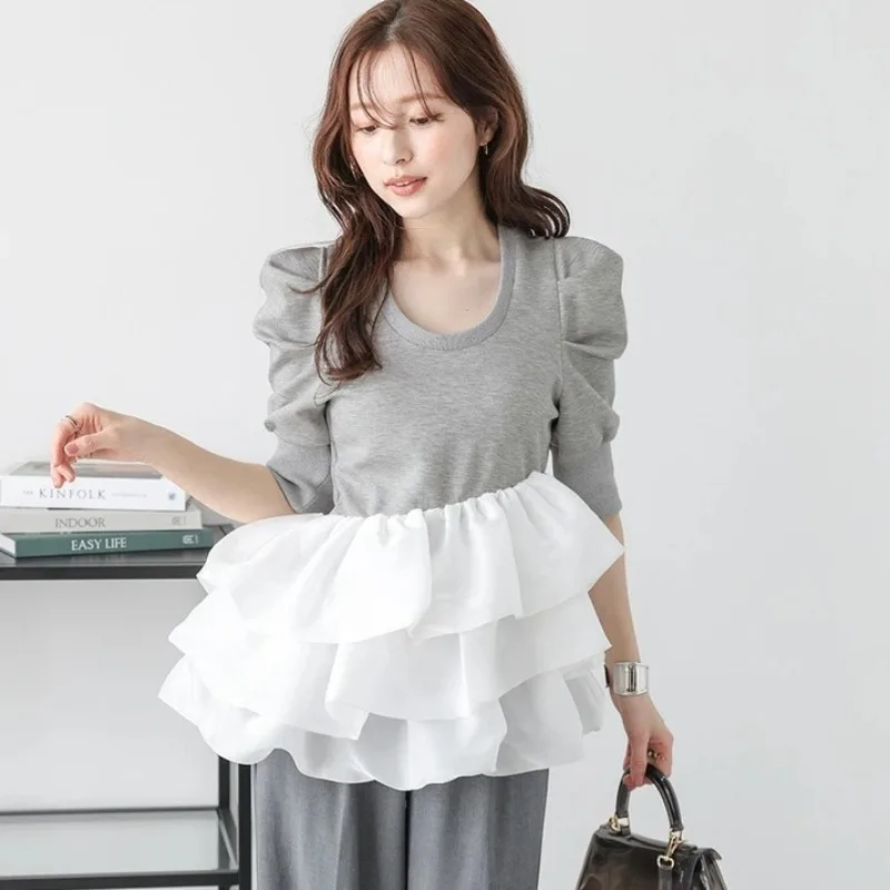 

2025 Summer Chic Ruffles Tierred Patchwork Design Half/Long Puff Sleeve Women's T-shirt Korean Japan Style O-neck Gray Tops Tees