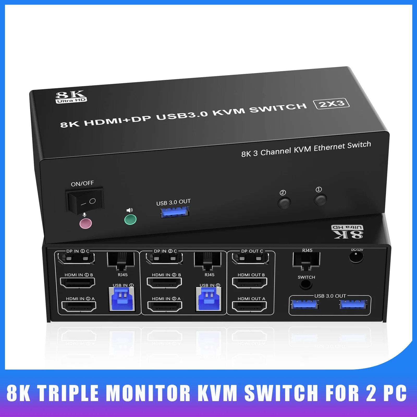 2 HDMI + DisplayPort USB3.0 KVM Switch 8K@60Hz 4K@144Hz Triple Monitor for 2 Computer Share 1000Mbps Ethernet, 3 USB 3.0 Ports