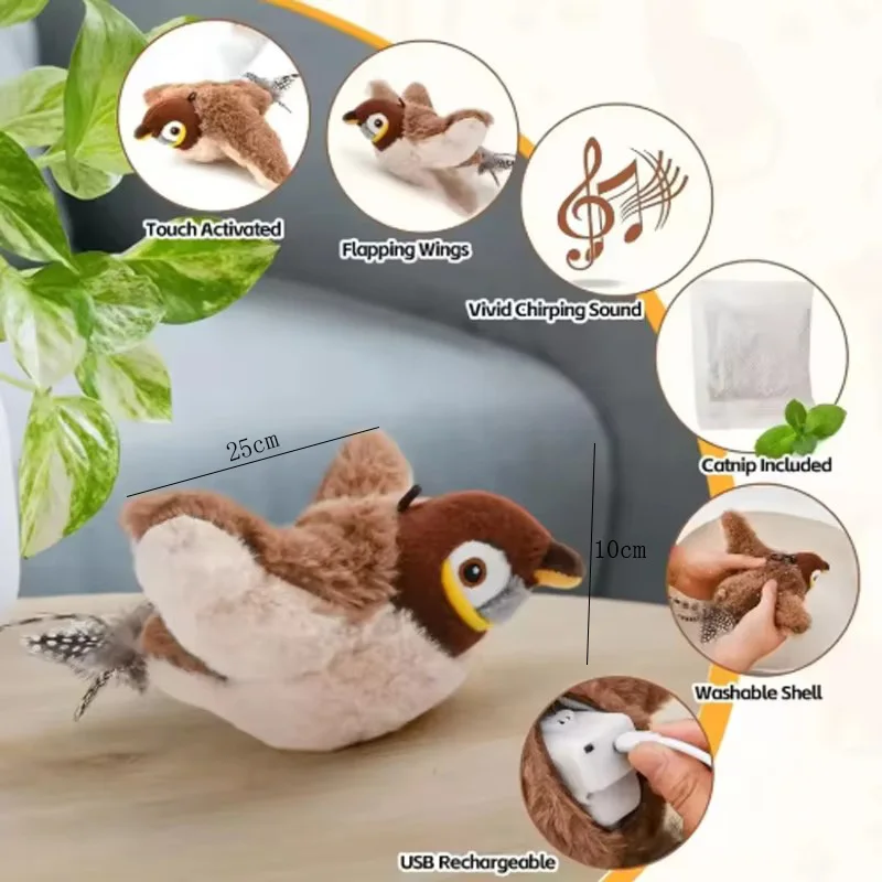 Juguete Interactivo para Gatos y Perros, Pájaro Simulado Recargable con Sonido y Movimiento (No Vuela), Juguete de Peluche Activado por Tacto para Mascotas