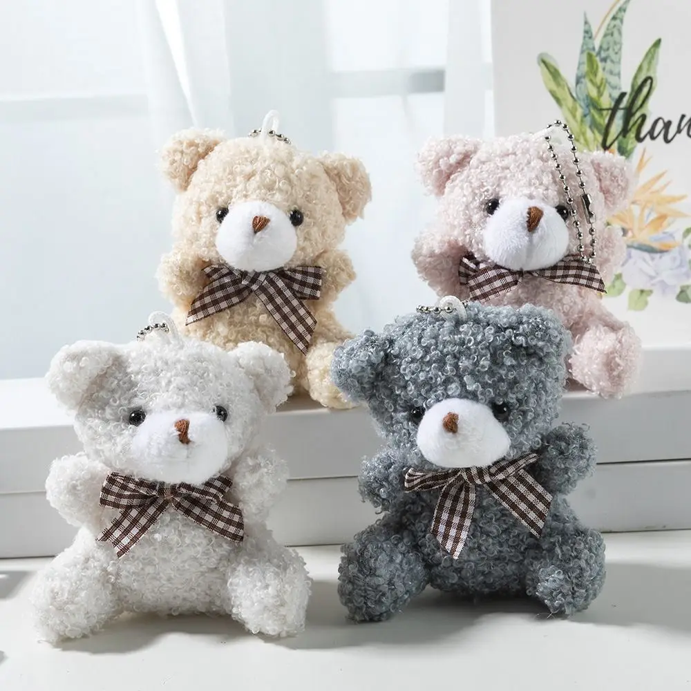 Novo design 8cm dos desenhos animados laço urso boneca chaveiros multicolorido urso de pelúcia presente macio pendurado urso de pelúcia universal