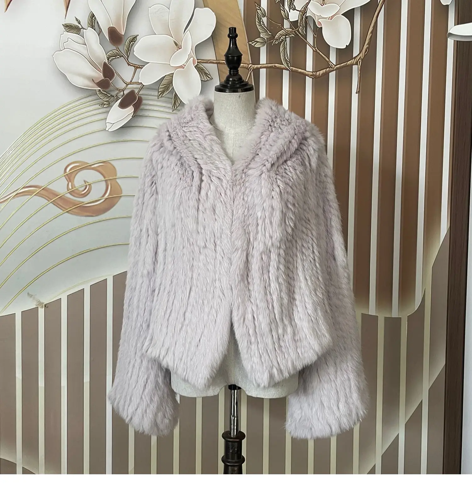 Long Sleeve Casual Loose Knitted Real Rabbit Fur Hooded Coat Women Genuine Natural Rabbit Fur Outwear Female Fur Jacket