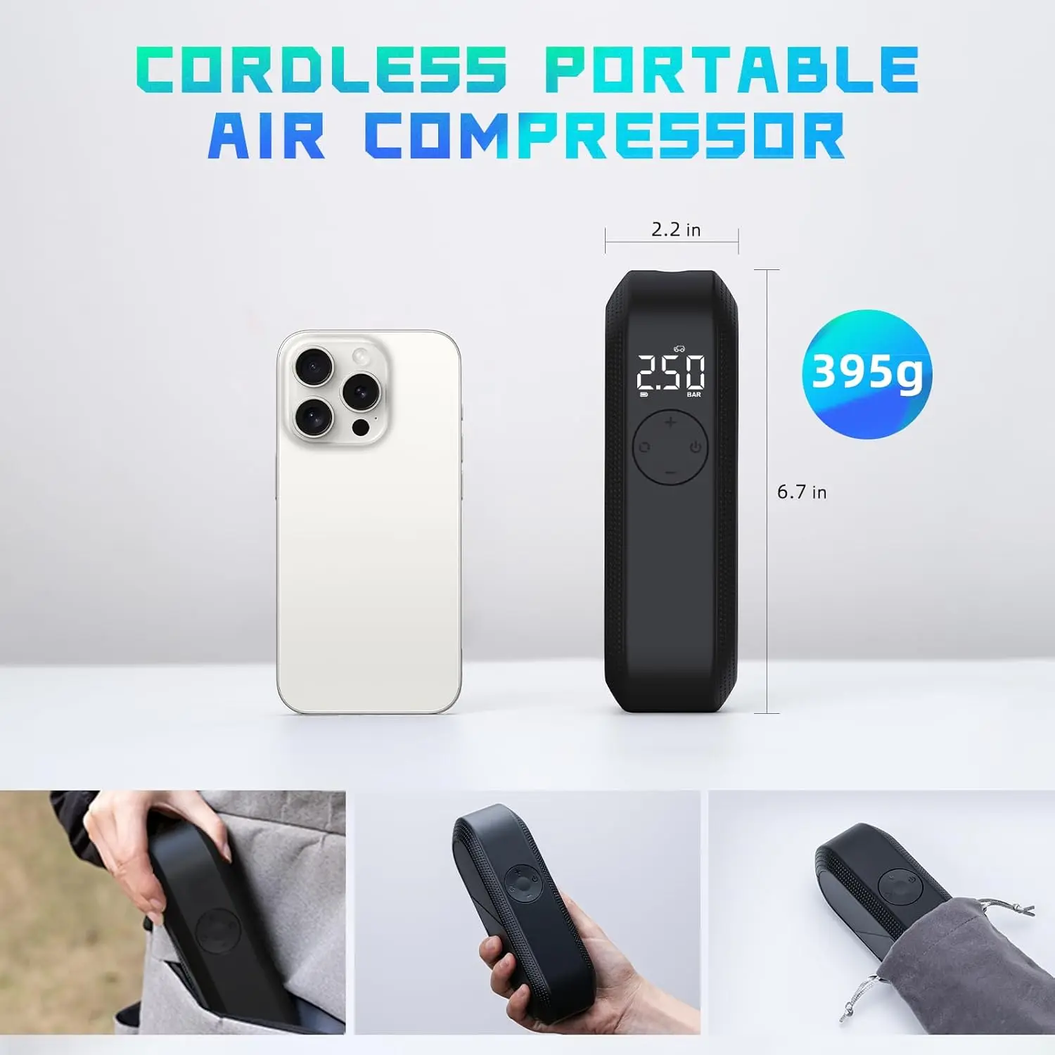 Portable Electric Air Compressor Pump 150 PSI, Rechargeable LED Display Tire Inflator for Bike, Car, Motorcycle, Ball