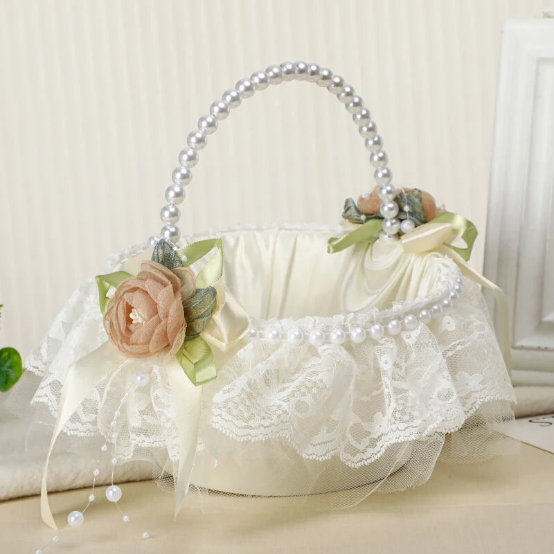 1PC Wedding Flower Basket with Pearl Handle Valentine's Day Anniversary Church Rose Fruit Basket Home Decoration