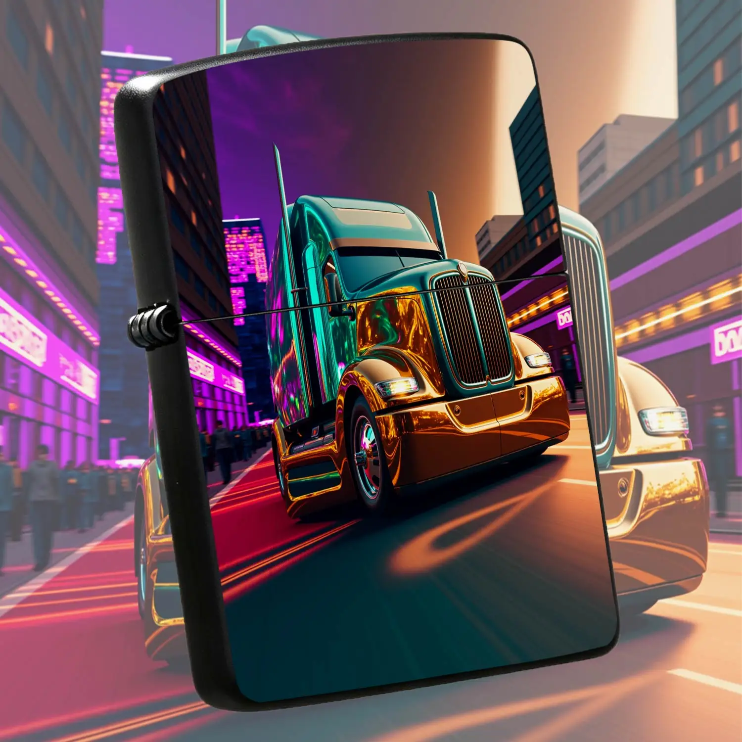 Trendy Cyber Neon Semi Truck Pattern Lighter, Stylish Vibrant City Aesthetic Portable Accessory, Ideal For Daily Use, Outdoor Gatherings, Holiday Gifting, Multi-Scenario Practical Exquisite Creative Decorative Item With A Humorous And Inter