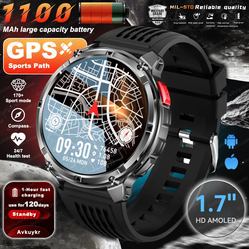 

2026 New Military 1100mAh Large Capacity GPS Smart Watch 1.7" HD AMOLED Compass 5ATM 120 Days Battery Outdoor Smart Bracelet Men