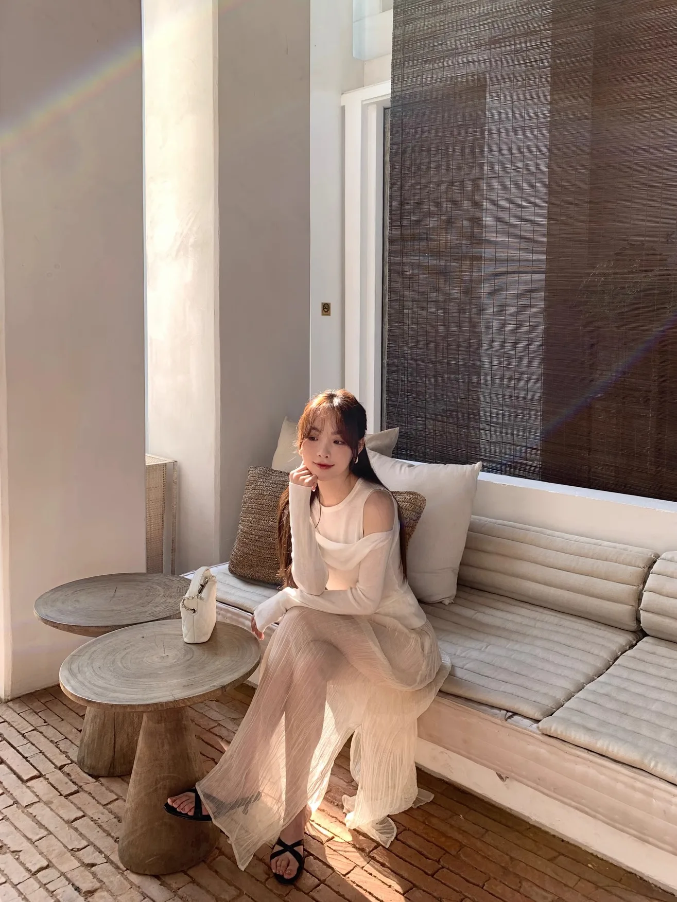 

LE LALIN Cold Brew White Tea Layered Sexy oulder Long Sve Skin-friendly Wool Knitted Sweater Commute Sle Knitwear