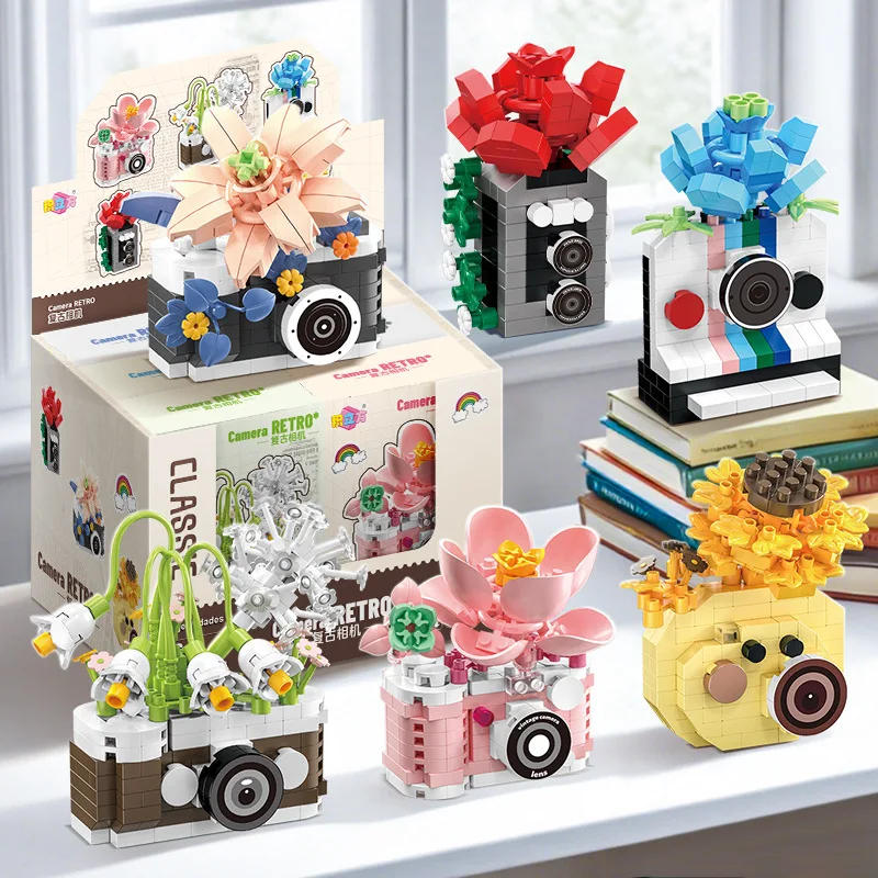 창의적인 카메라&꽃 블록 DIY 장난감 소형 입자 브릭 조립 퍼즐 장난감 어린이 선물 세트
