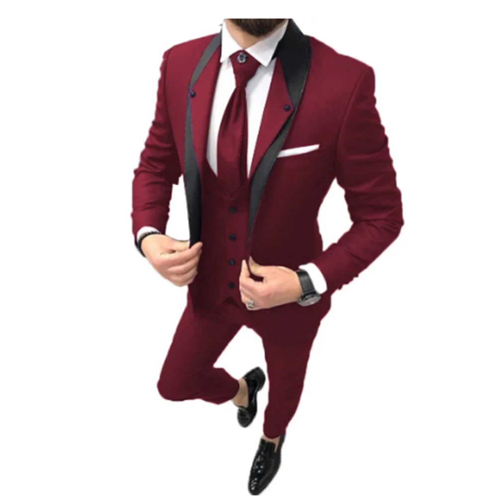 Pakaian pernikahan pria, 2024 Slim Fit satu kancing merah tuksedo pengantin pria pengiring pengantin pria 3 potong Prom pengantin pria (jaket + celana + rompi)