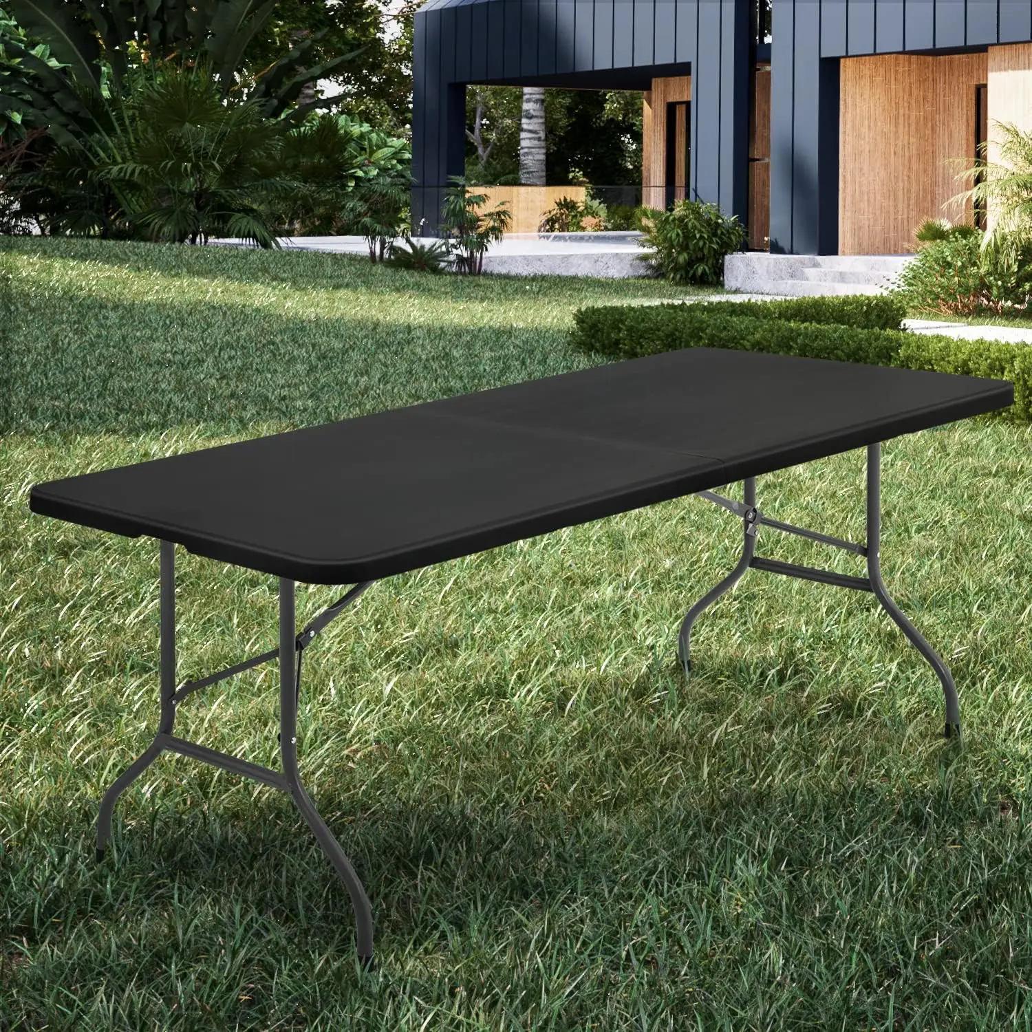 8Ft Folding Heavy Duty Utility Table, Indoor Outdoor Portable Plastic Wedding Event Picnic Table w/Steel Legs and Hand